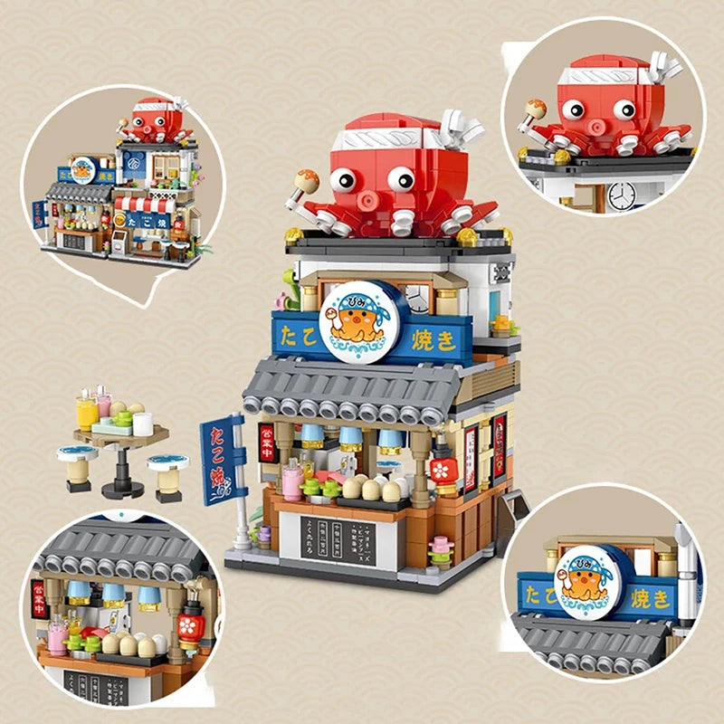 Street View Series Building blocks Izakaya Shaved Ice Shop Takoyaki Shop Coffee shop Panda Tea House model children's gift.