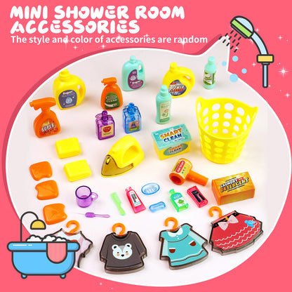 Pink Bathroom Playset with Shower, Vanity, Laundry Cabinet, and Ironing Board, Christmas/Thanksgiving/New Year Gift.