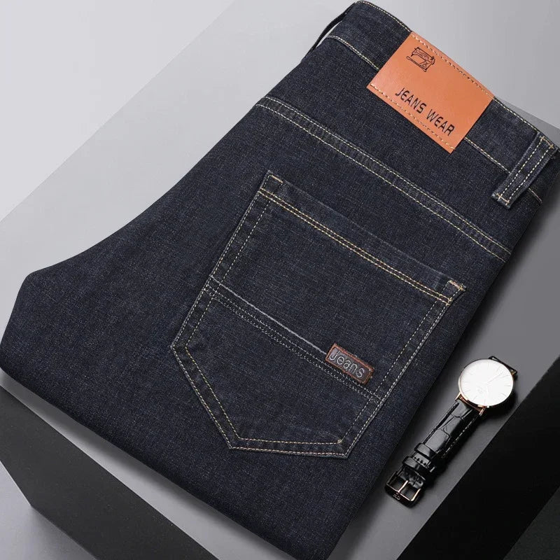 2024 New Brand Men's Fit Straight Lightweight Cotton Stretch Denim Pants Casual Male High Waist Thin Light Blue Business Jeans.