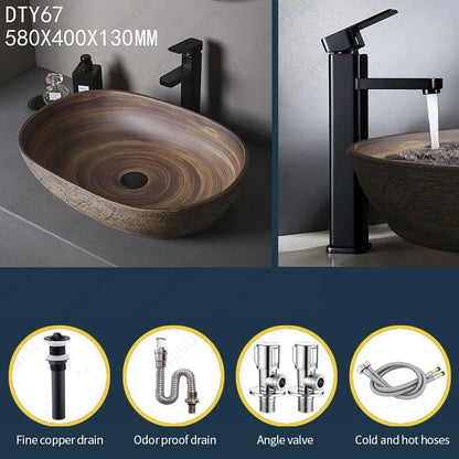 Braunes Keramikgefäß, Waschbecken, Waschtisch, Schüssel, ovaler Badezimmertisch, Waschbecken, Toilette, Balkon, Kunstbecken, über der Theke, Sockelwaschbecken