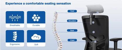 AUTHMIC Ergonomischer Bürostuhl, Netzrückenlehne, verstellbare Armlehnen, Lordosenstütze, drehbarer Schreibtischstuhl für das Heimbüro