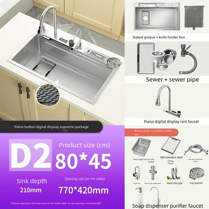 Kitchen Sink Stainless Steel Waterfall Wash Dish Vegetables Basin Multifunctional Smart Digital Display Screen Large Single Slot