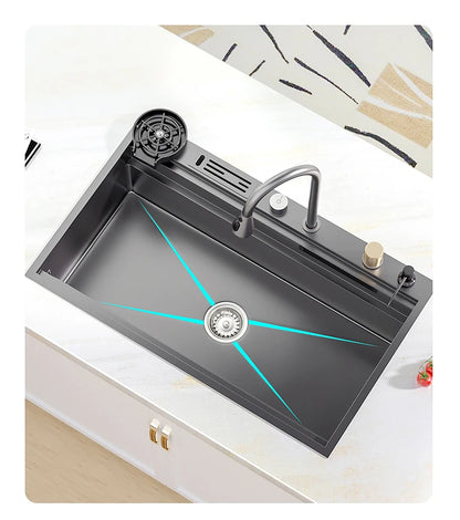 Wasserfall-Küchenspüle aus Edelstahl, extra groß, mit einem Schlitz, multifunktionale Geschirrspülbecken, Unterbaubecken, Tassenwascher