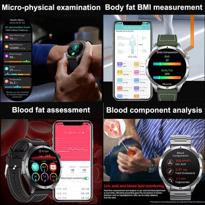 2025New Micro Physical Examination Blood Lipids Uric Acid Blood Pressure Smart Watch ECG+PPG Clock Bluetooth Call Smartwatch Men.