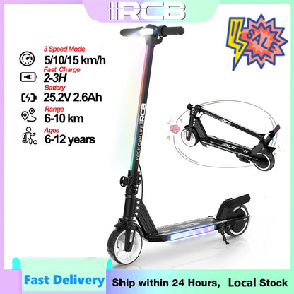 RCB R12 Electric Scooter for Kids Age 6-12, Colorful Lights, 6.5" Foldable E Scooter, LED Display, Lightweight Electric Scooter.