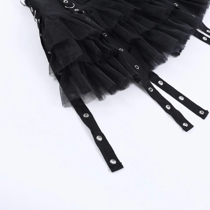 Goth Dark Ruffles Mall Gothic Mesh Splice Mini Skirts Grunge Aesthetic Harajuku Buckle A-line Skirt Punk High Waist Alt Bottoms.