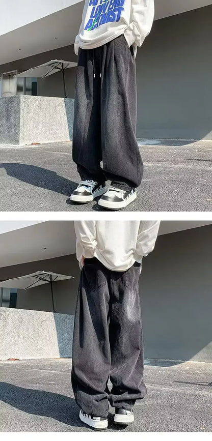 2024 New Trendy Wide-Leg Jeans Men's Loose-Fit Straight-Leg Casual Long Pants Vintage Washing Distressed Style.