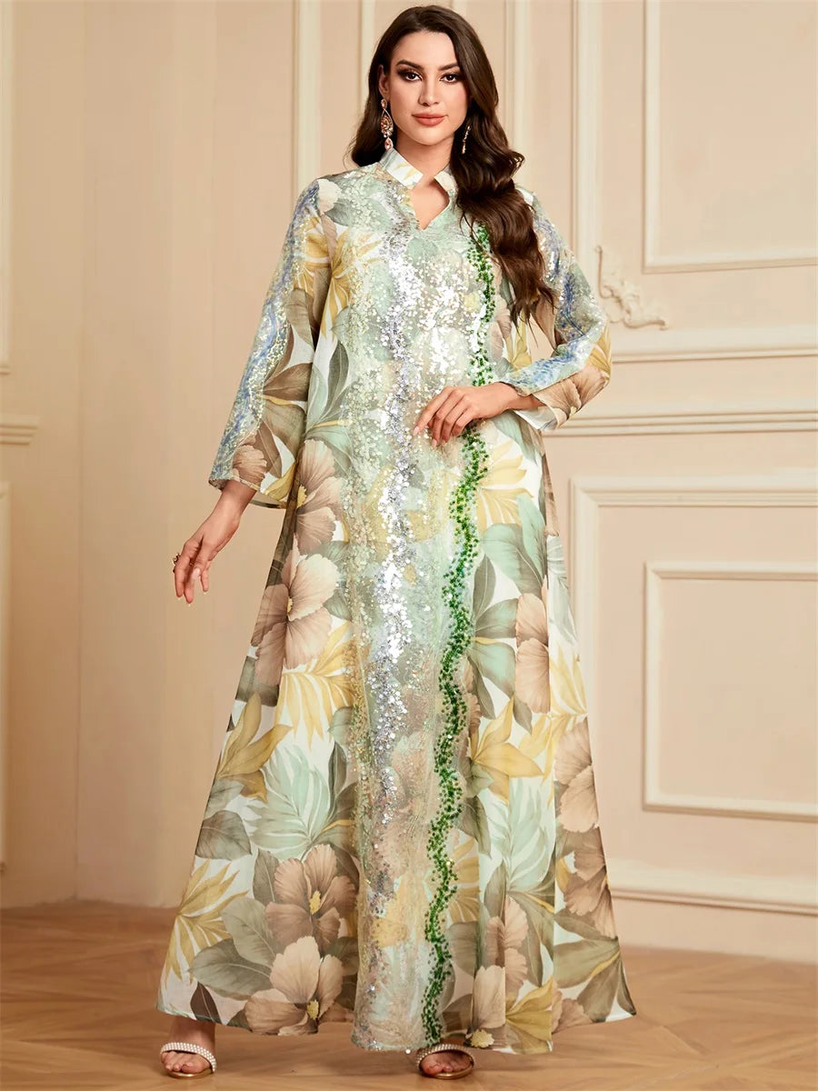 Siskakia Ramadan Dubai Floral Print Long Dress Sequins Patchwork Abayas Mesh Kebaya For Muslim Women's Casual Loose Clothing.