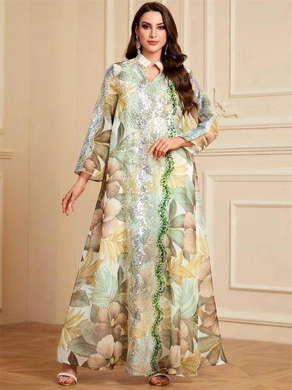 Siskakia Ramadan Dubai Floral Print Long Dress Sequins Patchwork Abayas Mesh Kebaya For Muslim Women's Casual Loose Clothing.
