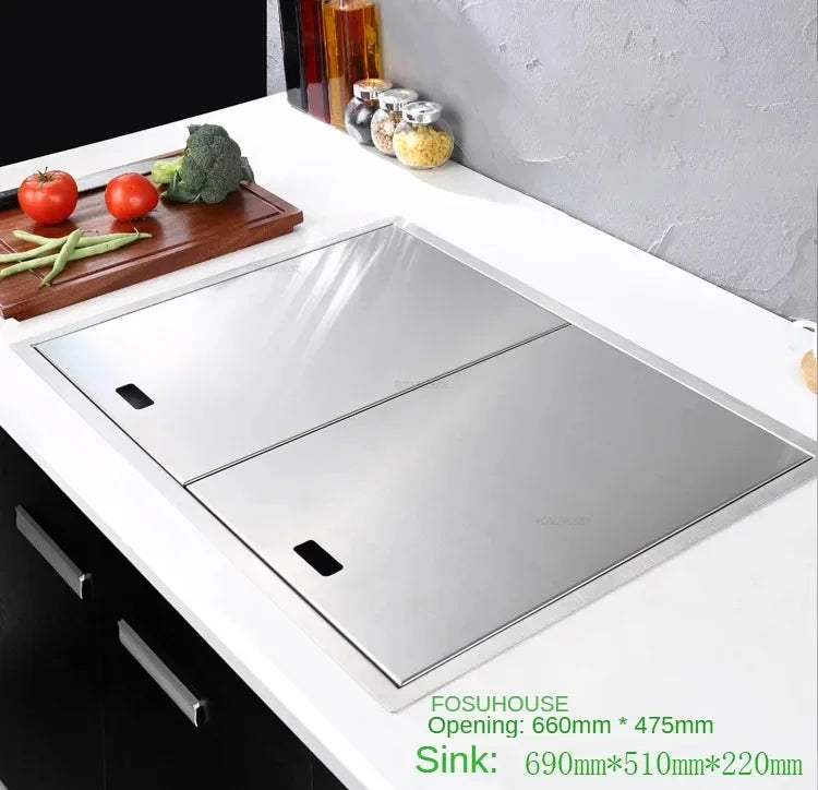 Hidden Stainless Steel Kitchen Sinks Modern Kitchen Accessories with Cover Kitchen Sink Dish Drainer Light Luxury Single Tank L