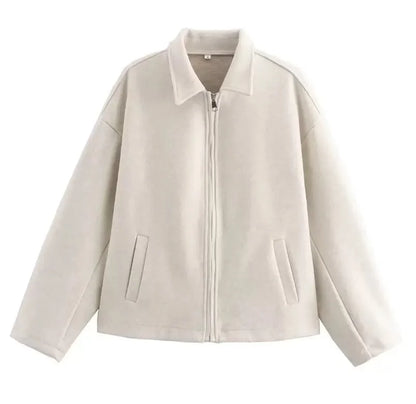 Mode Braun Zipper Woolen Jacke Für Frauen Elegante Revers Langarm Kurze Mäntel Weibliche Vintage Herbst Dame Straße Oberbekleidung