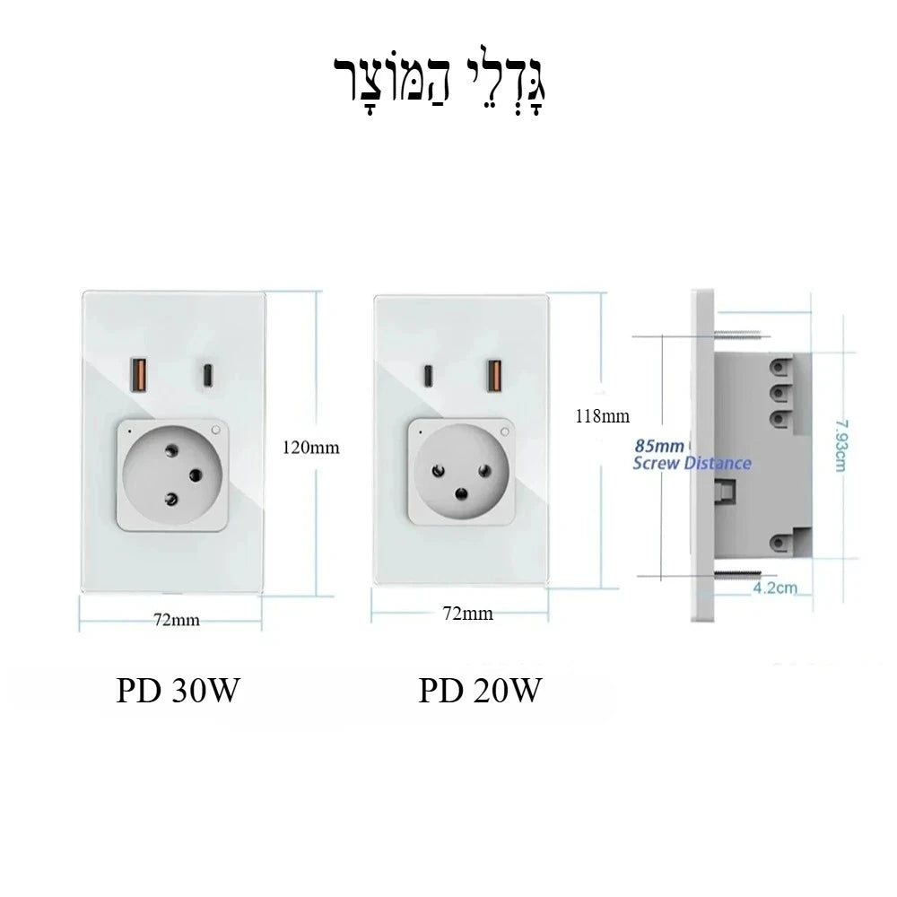 Melery Wifi Smart Israel Steckdose USB Stecker Steckdose Typ-C PD 20/30W Schnelle Ladung glas Panel Fernbedienung Alexa Google Hause.