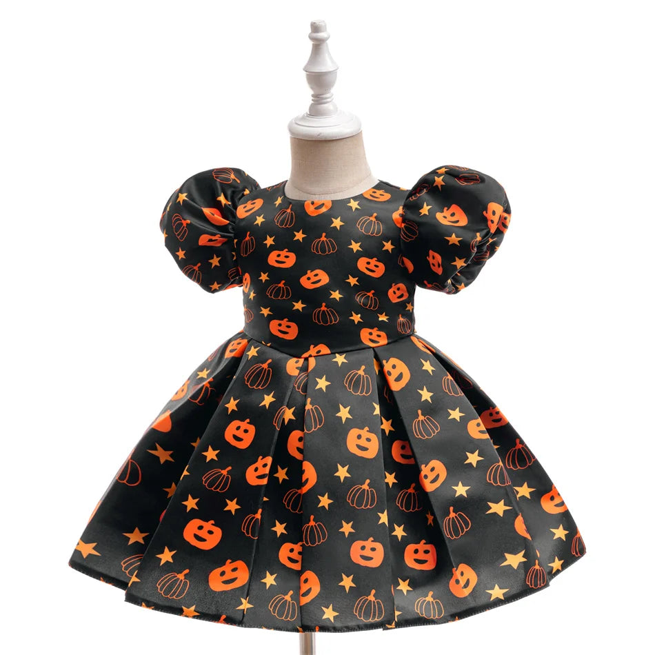 Kleinkind Halloween Kostüm Mädchen Cosplay Hexe Kürbis Skelett Druck Bowknot Kleid Kinder Festival Party Performance Kleidung