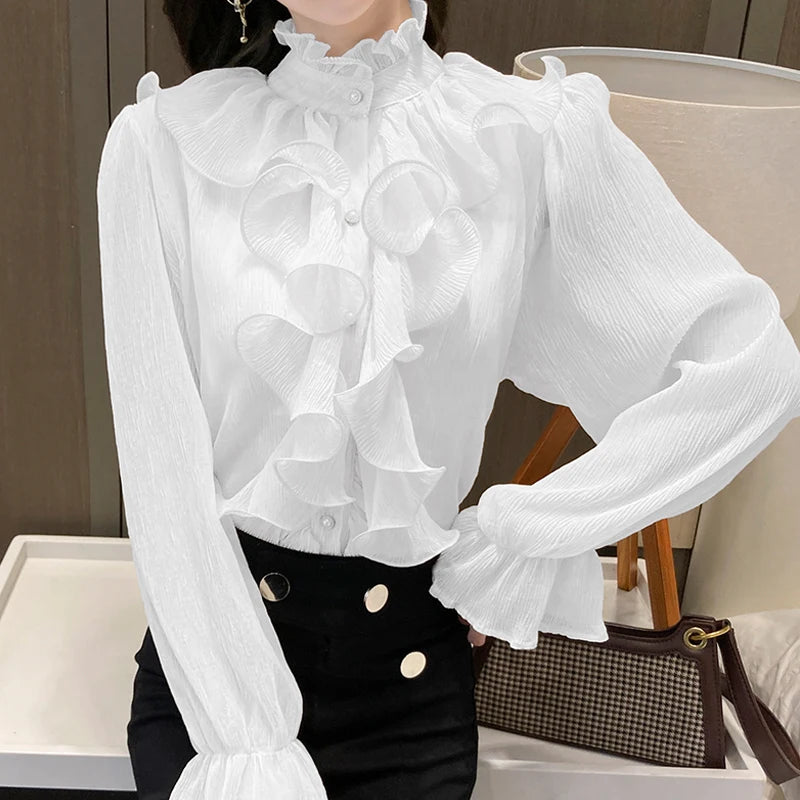 Autumn Vintage Ruffles Clothes Lace Blouse Women Spring Stand Collar White Chiffon Shirt Long Puff Sleeve Loose Tops Elegant