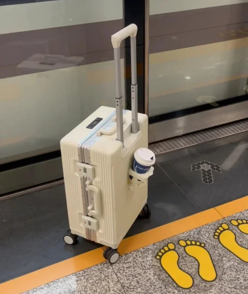 Vorne öffnender Rollgepäckkoffer mit großer Kapazität, Aluminiumrahmen, ABS + PC-Trolley, Koffer, USB-Lade-Boarding-Koffer.