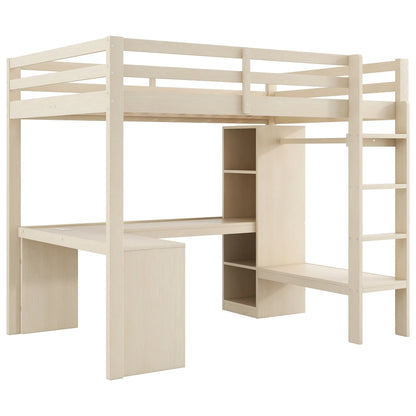 Modernes Kinder-Hochbett 140 x 200 mit Multifunktionsregalen, Unterbett-Schreibtisch, LED-Licht und USB, Kleiderschrank mit Stauraum, für Schlafzimmer