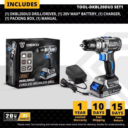 DEKO 20 V DKBL20DU3 Bürstenloser Akku-Bohrschrauber Combo Kit Mini-Elektroschrauber 2-Gang-Elektrowerkzeuge für die Holzbearbeitung