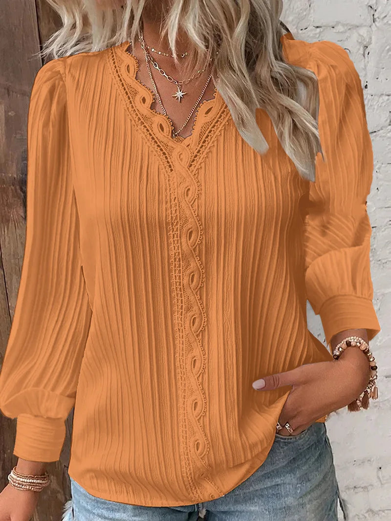 Elegant Summer Hollow Lace Patchwork Women Shirt Chic Blouse V Neck Long Sleeve Shirt Plain Lace Casual Basic Regular Tops.