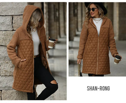 FairyShely 2025 Winter Solide Frauen Jacke Dicken Plüsch Mit Kapuze Warme Lange Hülse Langen Mantel Weiche Zipper Patchwork Strickjacke Dame Mantel
