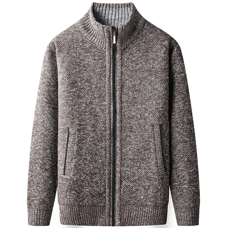 New Men's Casual High Collar Long Sleeve Knitted Top with Velvet Warmth for Autumn and Winter Fashion Multi Functional Jacket