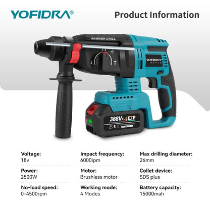 YOFIDRA Bürstenloser elektrischer Hammer-Schlagbohrschrauber, 26 mm, kabelloser Holzbearbeitungs-Schlagbohrschrauber, Elektrowerkzeug-Set für Makita 18 V Akku-Pin