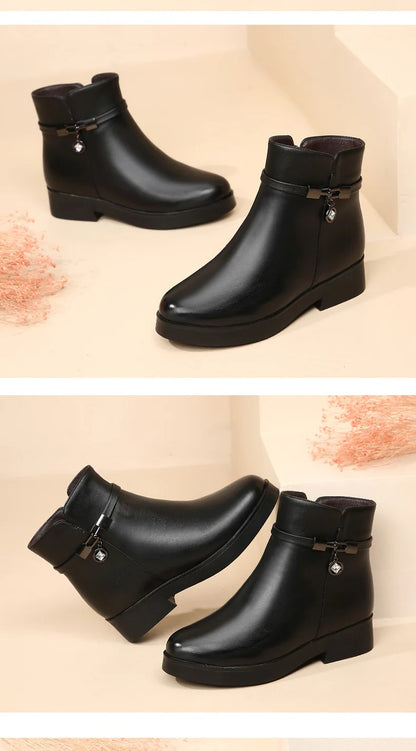 WOIZGIC Women Mother Female Ladies Genuine Leather Ankle Shoes Boots Platform Wool Plush Warm Fur Winter Zipper Plus Size 42 43.