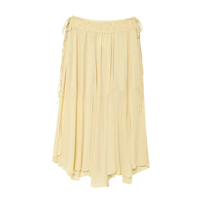 YENKYE New Fashion Side Drawstring High Waist Elegant Yellow Skirt Women Holiday Summer Loose Chiffon Midi Skirts faldas mujer.