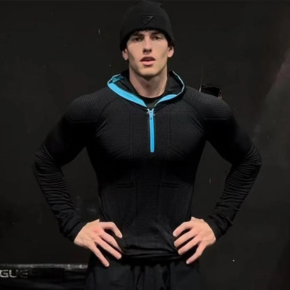 Men's Quick Dry Breathable Slim Fit Elastic Hooded Zipper Long Sleeve Fitness T-Shirt for Gym Sports Casual