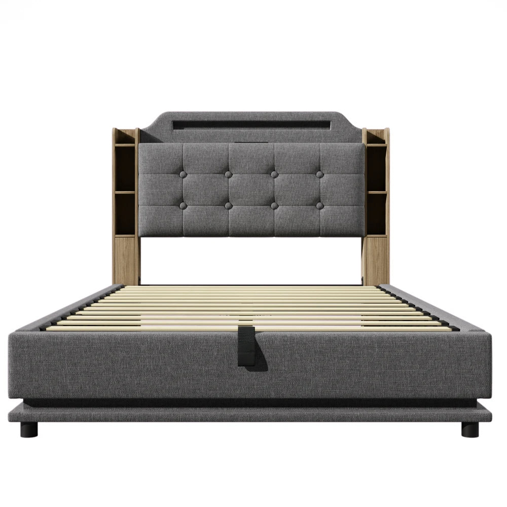 140*200cm Polsterbett mit LED-Lichtleiste und mehreren Ablagefächern, für Schlafzimmerwäsche, Beige (ohne Matratze)