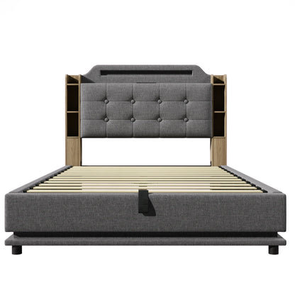 140*200cm Polsterbett mit LED-Lichtleiste und mehreren Ablagefächern, für Schlafzimmerwäsche, Beige (ohne Matratze)