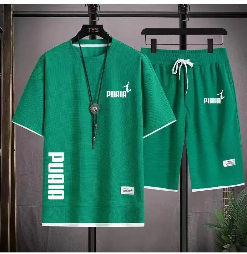 Summer 2025 Men's breathable fitness set, round-neck sports short-sleeved T-shirt + casual running shorts, 2-piece set, M-3XL