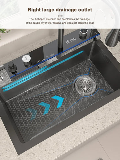 Waterfall Stainless Steel Kitchen Sink Intelligent Digital Display Faucet Large Single Slot Dishwash Bowl Wash Vegetables Basin