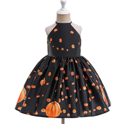 Kleinkind Halloween Kostüm Mädchen Cosplay Hexe Kürbis Skelett Druck Bowknot Kleid Kinder Festival Party Performance Kleidung