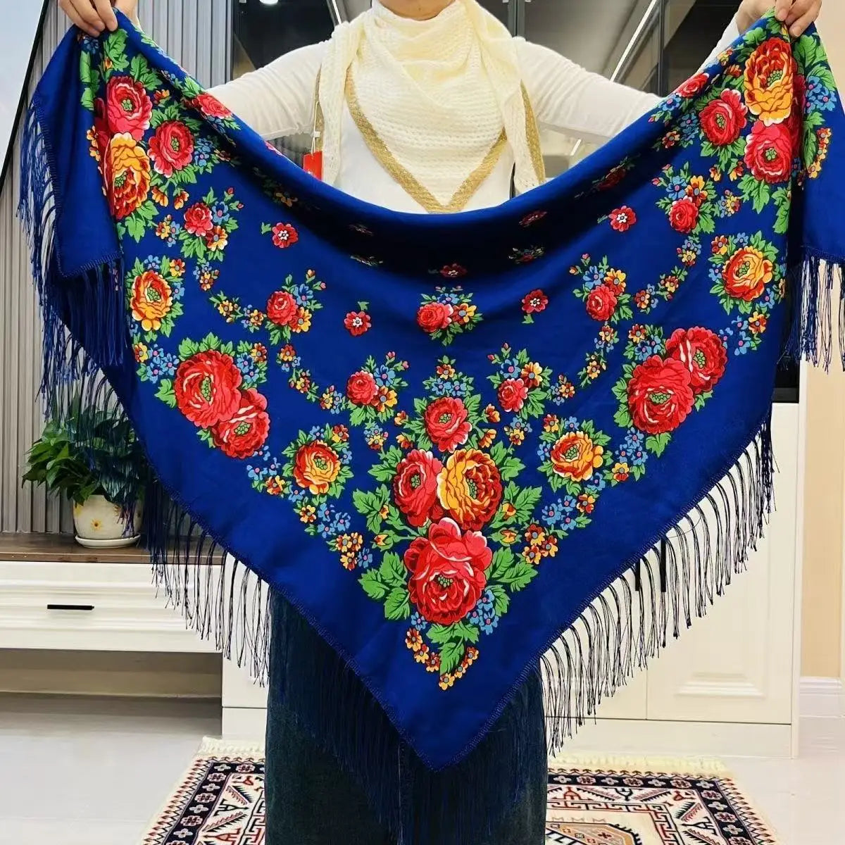 120*120cm Russian National Square Scarf Women Luxury Floral Print Fringed Ukrainian Shawls Scarves Ladies Head Wraps Bandana.