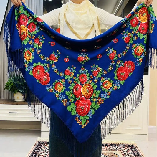 120*120cm Russian National Square Scarf Women Luxury Floral Print Fringed Ukrainian Shawls Scarves Ladies Head Wraps Bandana.