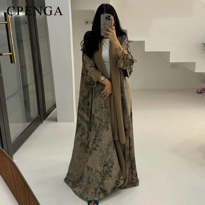 2025 sommer Arabisch Frauen Muslimische Kleidung Ramadan Dubai Offene Abaya Kleid mit Hijab Islam Gedruckt Chiffon 2 Stück Outfit