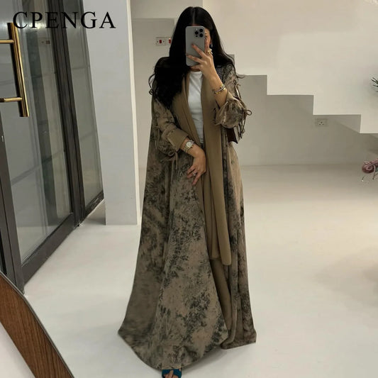 2025 sommer Arabisch Frauen Muslimische Kleidung Ramadan Dubai Offene Abaya Kleid mit Hijab Islam Gedruckt Chiffon 2 Stück Outfit