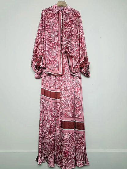 Designer's retro geometric print loose shirt two-piece set for Spring 2025 women's wear + pleated wide-leg pants fashion set.