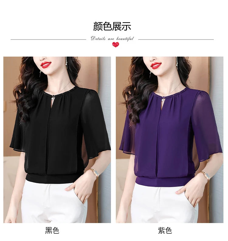 Summer Clothing Half Sleeve Chiffon Blouse 2025 New Fashion Loose Women Tops Solid Color Casual Pullovers Shirt.