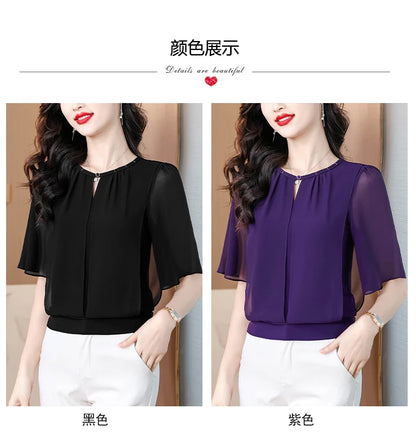Summer Clothing Half Sleeve Chiffon Blouse 2025 New Fashion Loose Women Tops Solid Color Casual Pullovers Shirt.