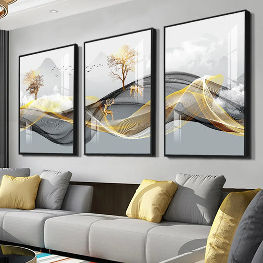3 Pieces Nordic Luxury Ribbon Abstract Landscape Wall Art Canvas Paintings Modern Gold Deer Poster Print Picture for Home Decor.