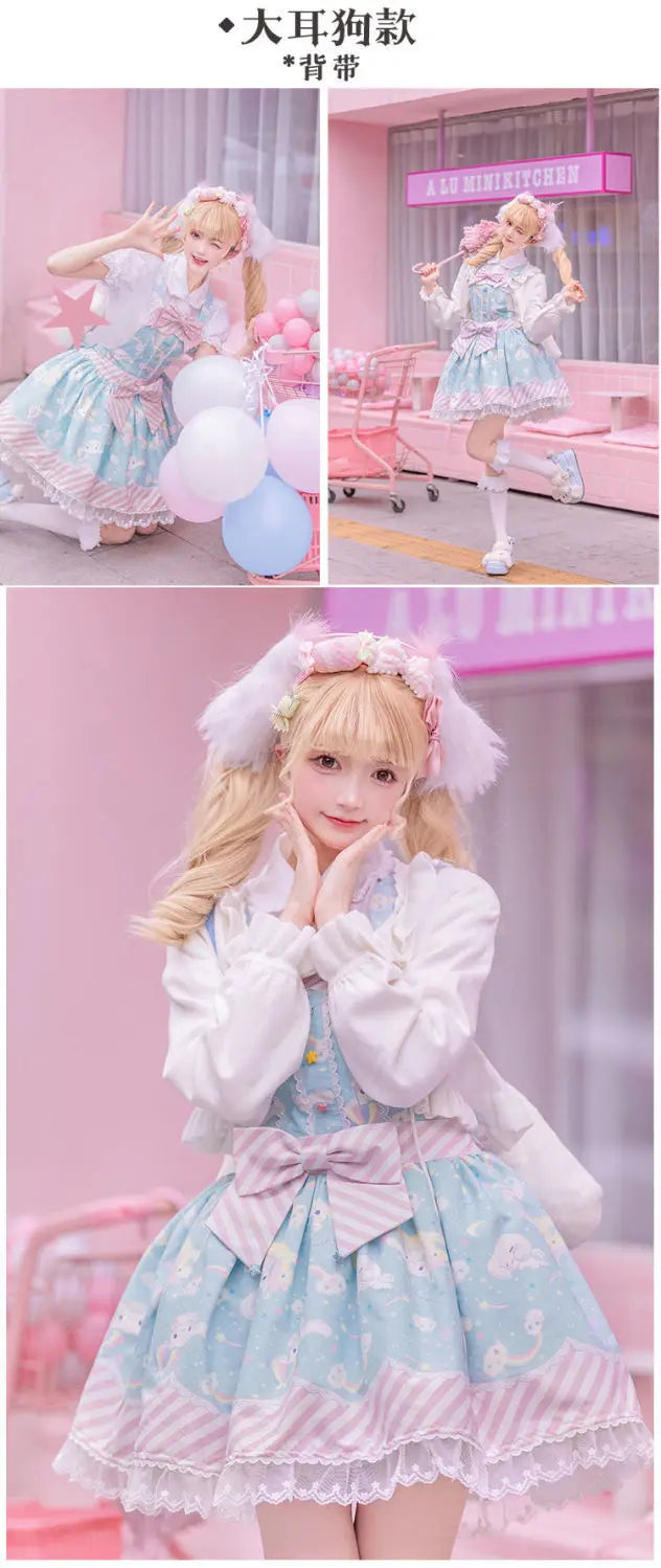 Anime My Melody Lolita Kleid Cinnamoroll Prinzessin Kleid Kuromi Süßer süßer Druck Schleife Spitze Party Trägerkleid Kawaii Academy Kleid.