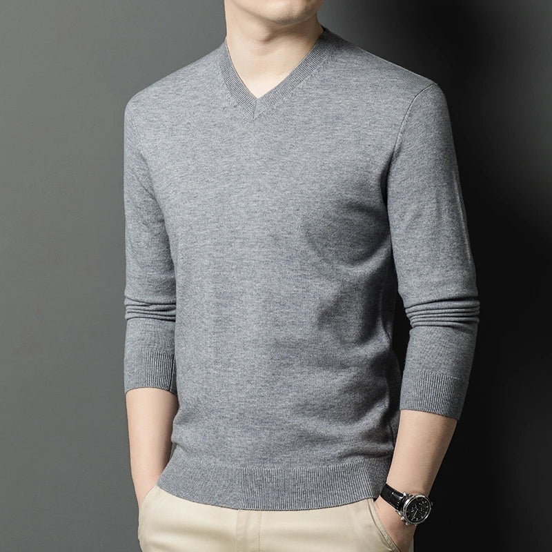 New Sweatwear Men's V Neck Basic Solid Color Sweaters Round Neck Elastic Pullovers Warm Autumn Knitted Oversized Sweater Men