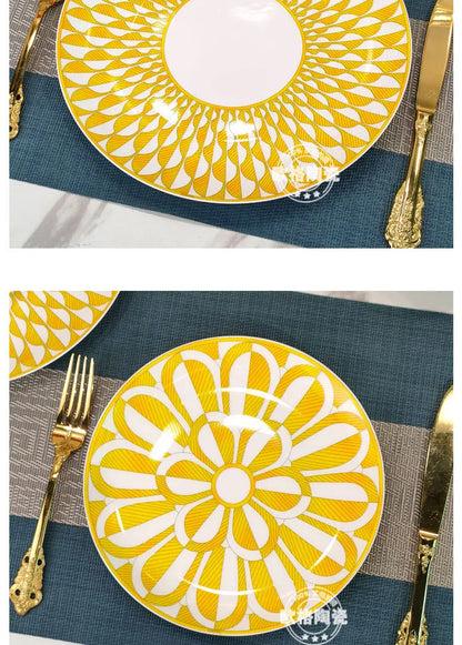 European style tableware, bone china, geometric creativity, home style steak plate dining plate, sunshine cup and plate set gift.