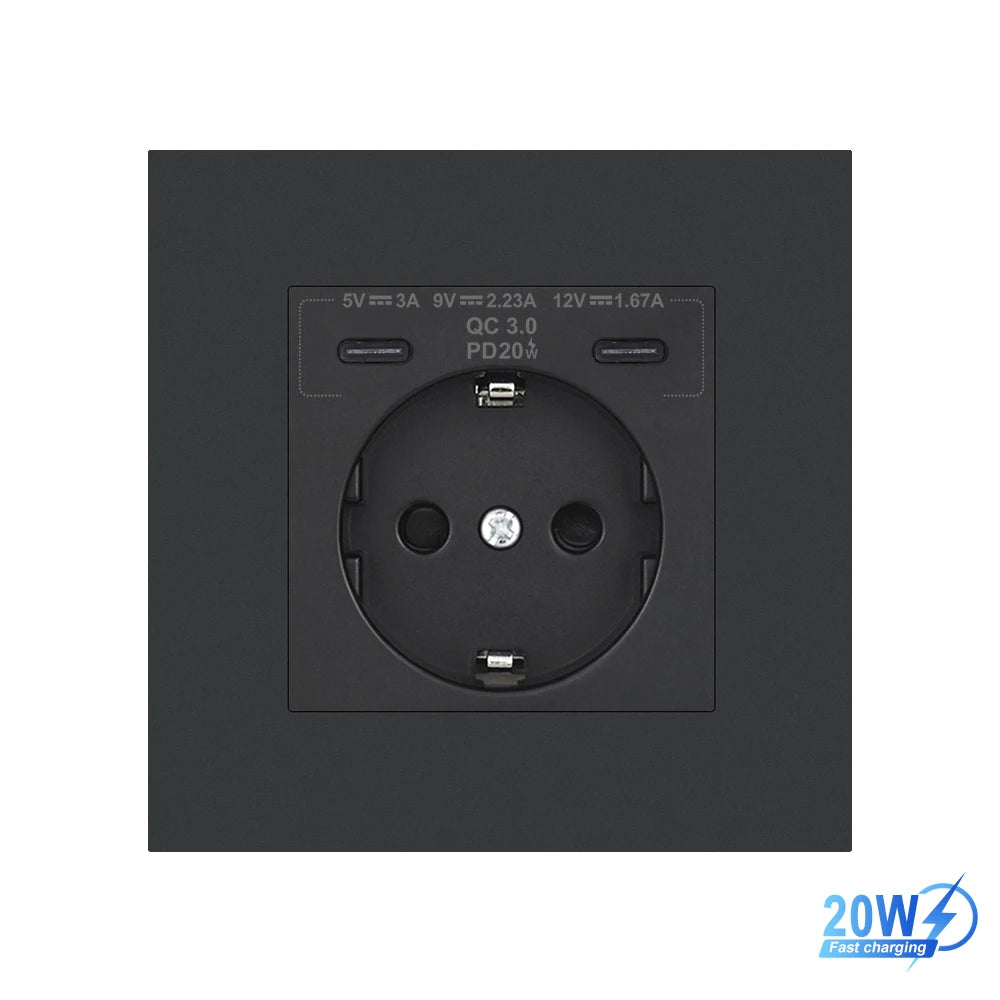 SRAN EU-Standard-Wandsteckdose mit USB und Typ-C 20 W Schnellladung, 5 V/2 A Doppelanschlüssen, 86 x 86 mm flammhemmendes Panel, CE-zertifiziert