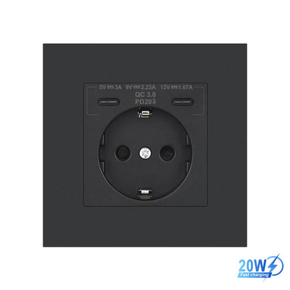 SRAN EU-Standard-Wandsteckdose mit USB und Typ-C 20 W Schnellladung, 5 V/2 A Doppelanschlüssen, 86 x 86 mm flammhemmendes Panel, CE-zertifiziert