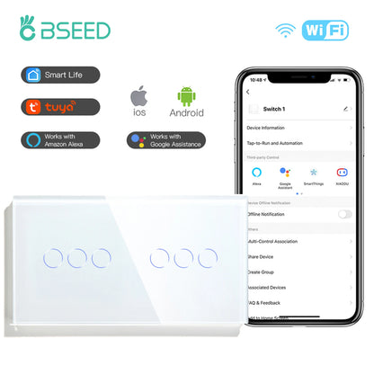 BSEED WIFI Touch Schalter Serie Wand Smart Licht Schalter Blaue LED Hintergrundbeleuchtung Glas Sensor Bildschirm Tuya APP Schalter EU Standard
