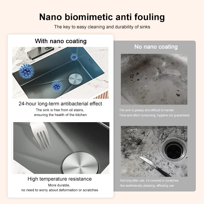 Black Stainless Steel Kitchen Sink Waterfall Sink dishwashing Basin Large Single Sink Household Sink Under The Counter Sink