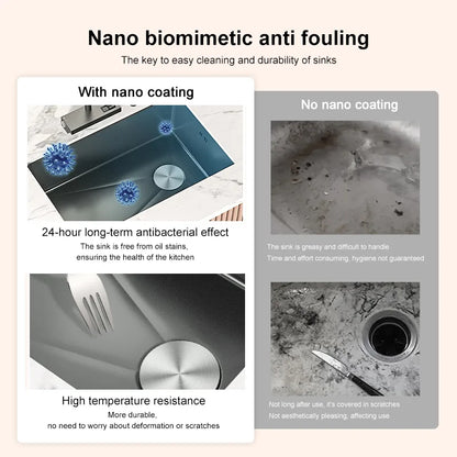 Black Stainless Steel Kitchen Sink Waterfall Sink dishwashing Basin Large Single Sink Household Sink Under The Counter Sink