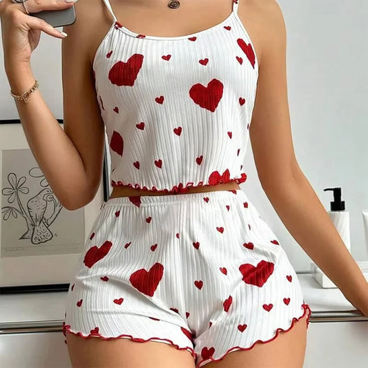 Sexy Herz Druck Pyjama Set Frauen Nachtwäsche Trendy Mode Lounge Tragen Nachtwäsche Zwei Stück Set Homewear Pyjamas